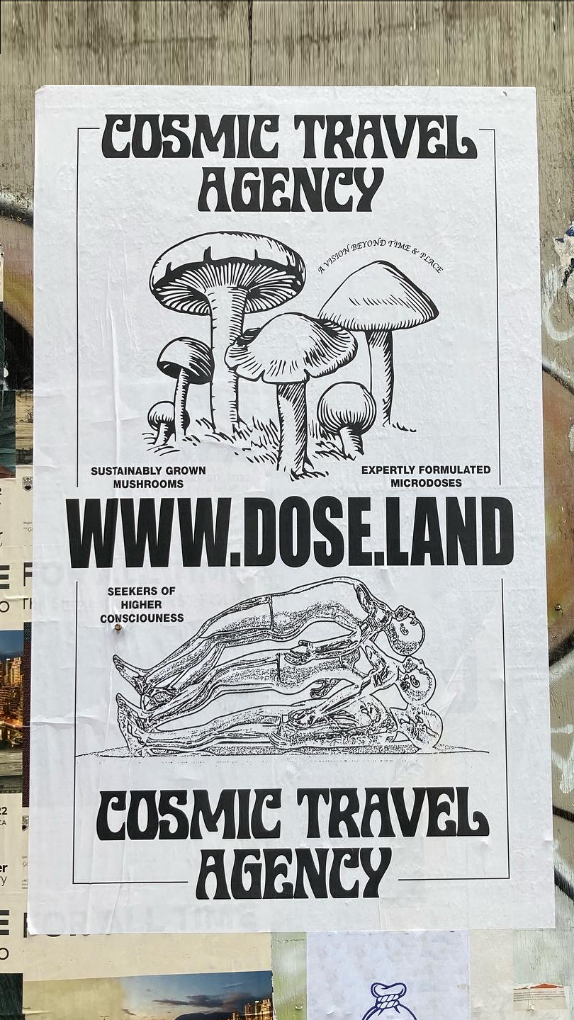 wheat paste poster with mushroom graphics and website www.dose.land